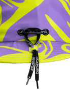 Detail view of adjustable fit system on Bangproof Helmet V2 with vibrant purple and yellow design.