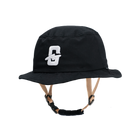 Black bucket hat with gray logo, designed for outdoor activities and casual wear.