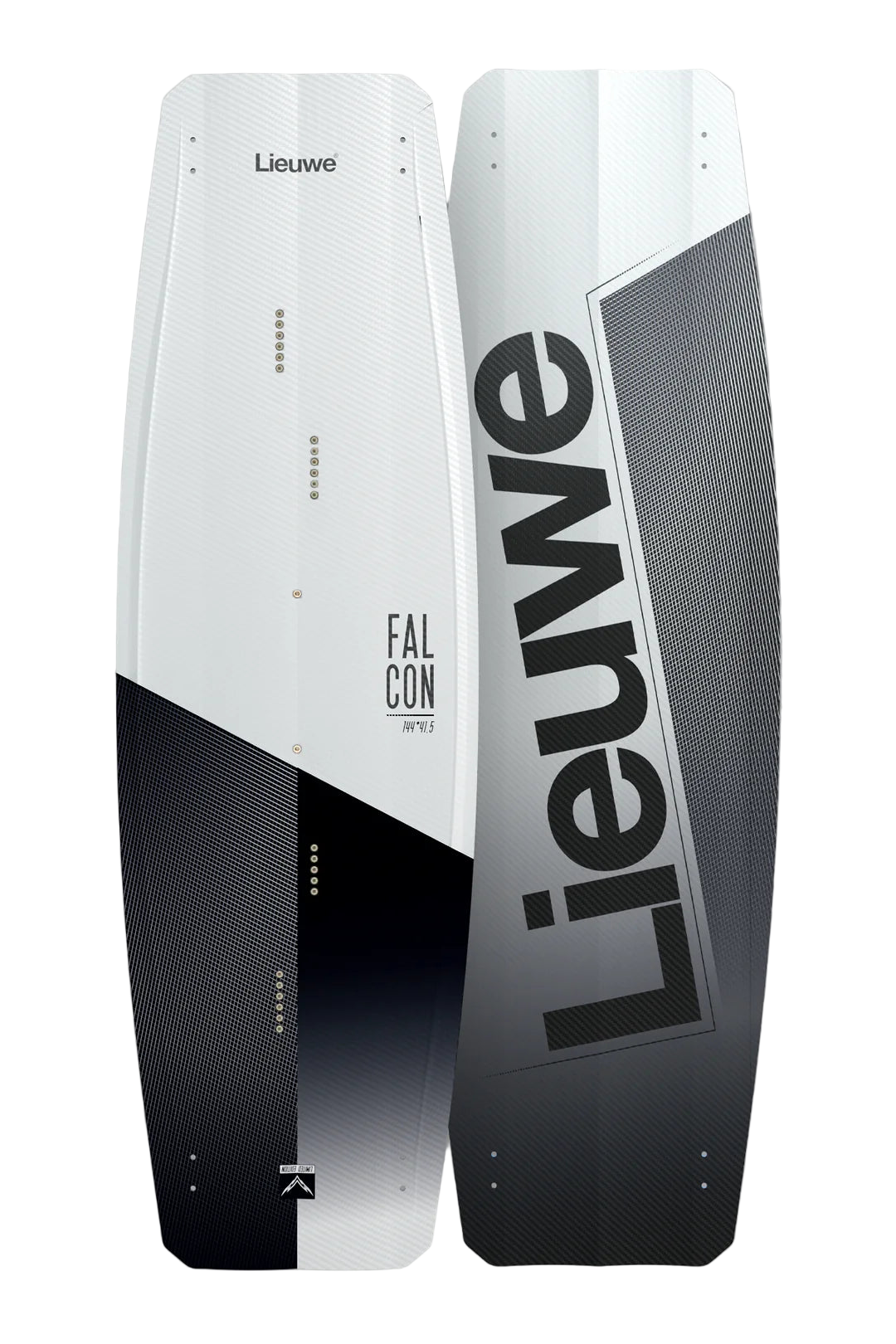 A black and yellow Falcon Lieuwe kiteboard with the brand name visible on it.