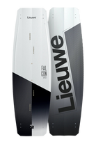 A black and yellow Falcon Lieuwe kiteboard with the brand name visible on it.