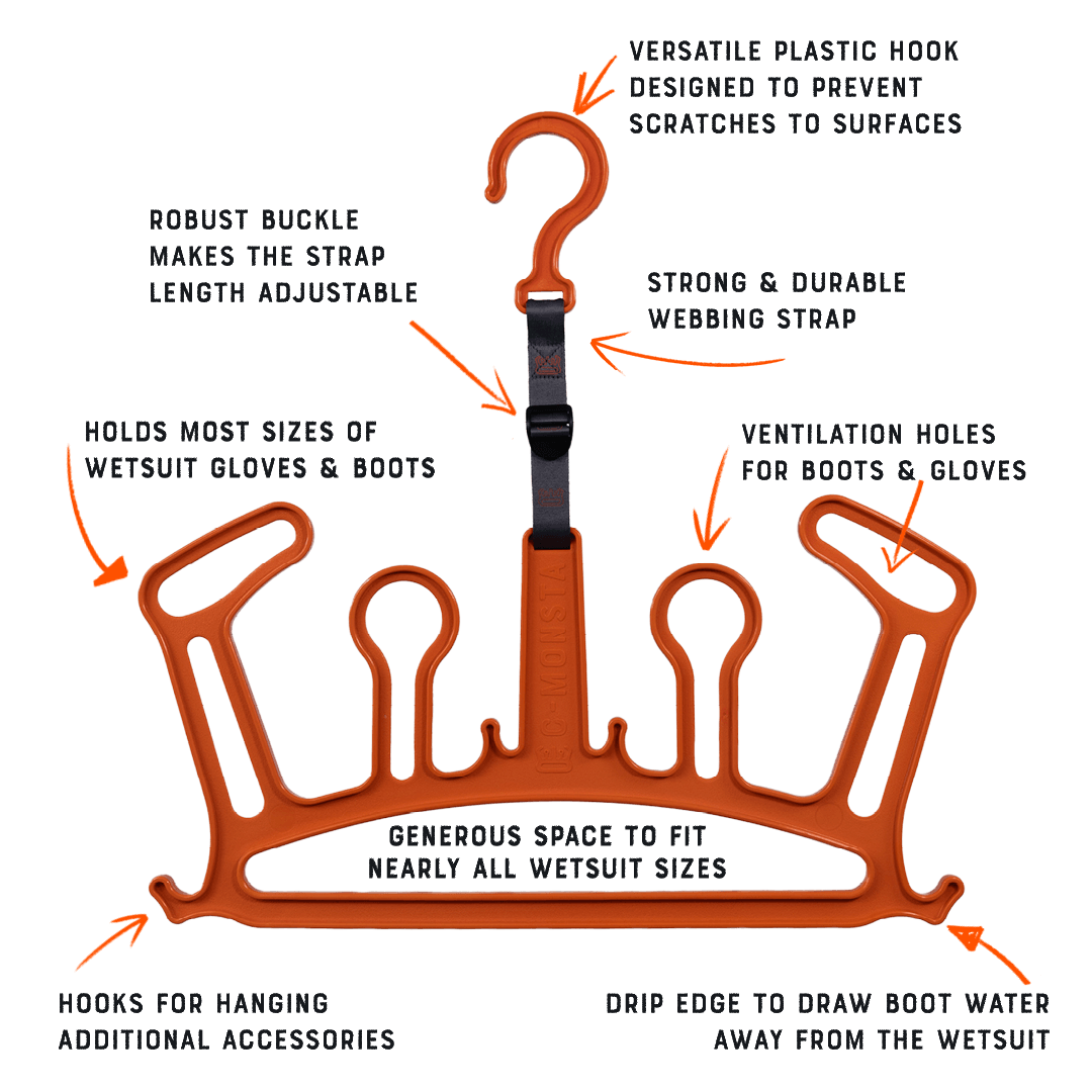 C-Monsta Wetsuit Hanger V2 Orange | High-Visibility Gear Dryer features robust design, adjustable strap, and versatile plastic hook.