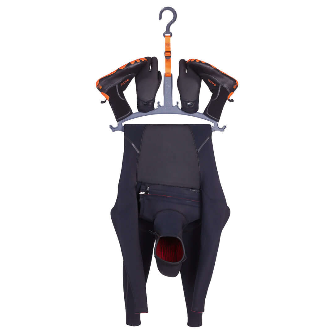 C-Monsta Wetsuit Hanger V2 Grey | Wetsuit, Boots & Gloves Dryer holding a wetsuit and gloves.