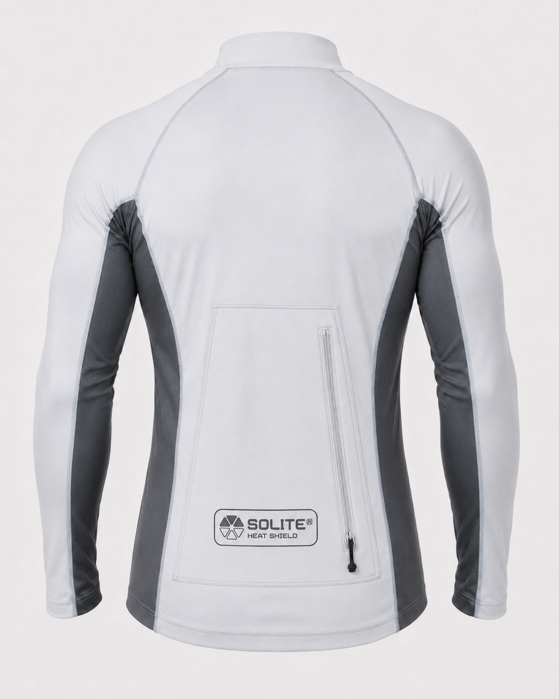 Solite Heat-Shield Neo-Front Rash Guard back view showing the full-size rear zipper pocket.