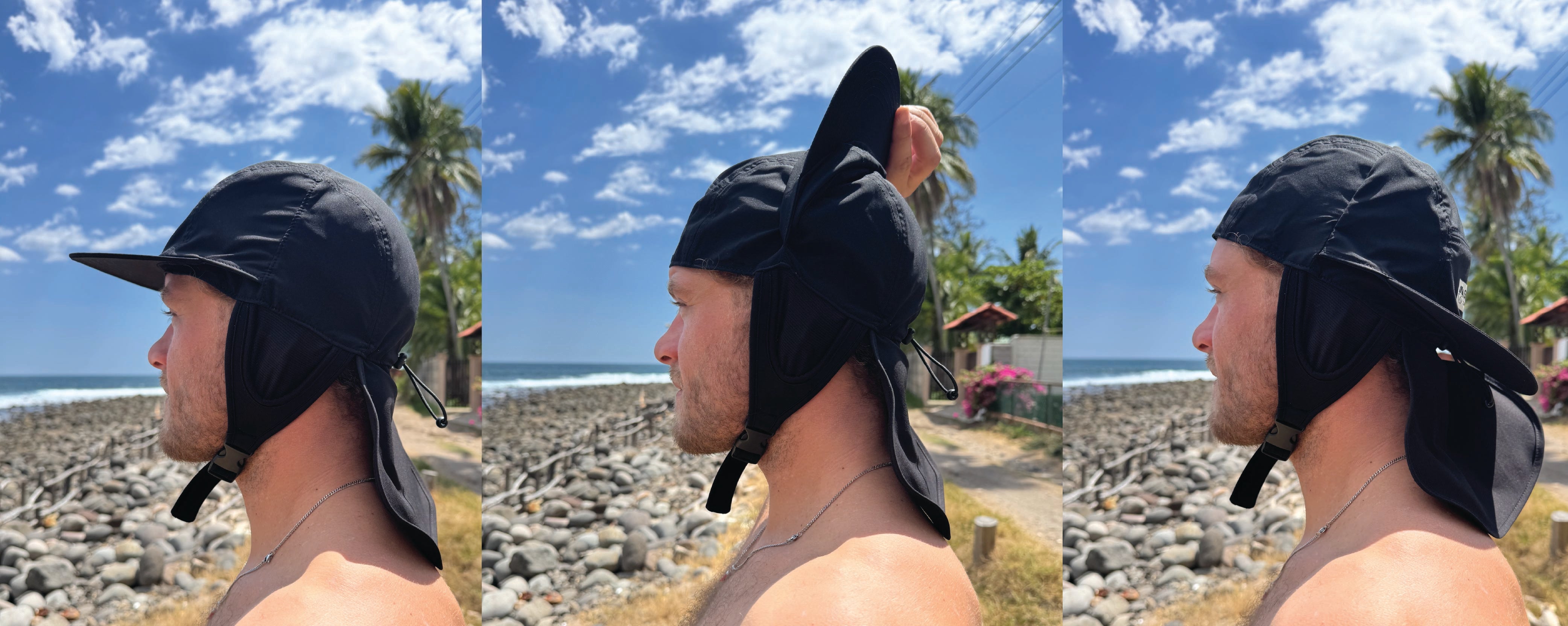 Solite Convertible MAX Watersports Hat in black, showing the front-to-back visor flip sequence.