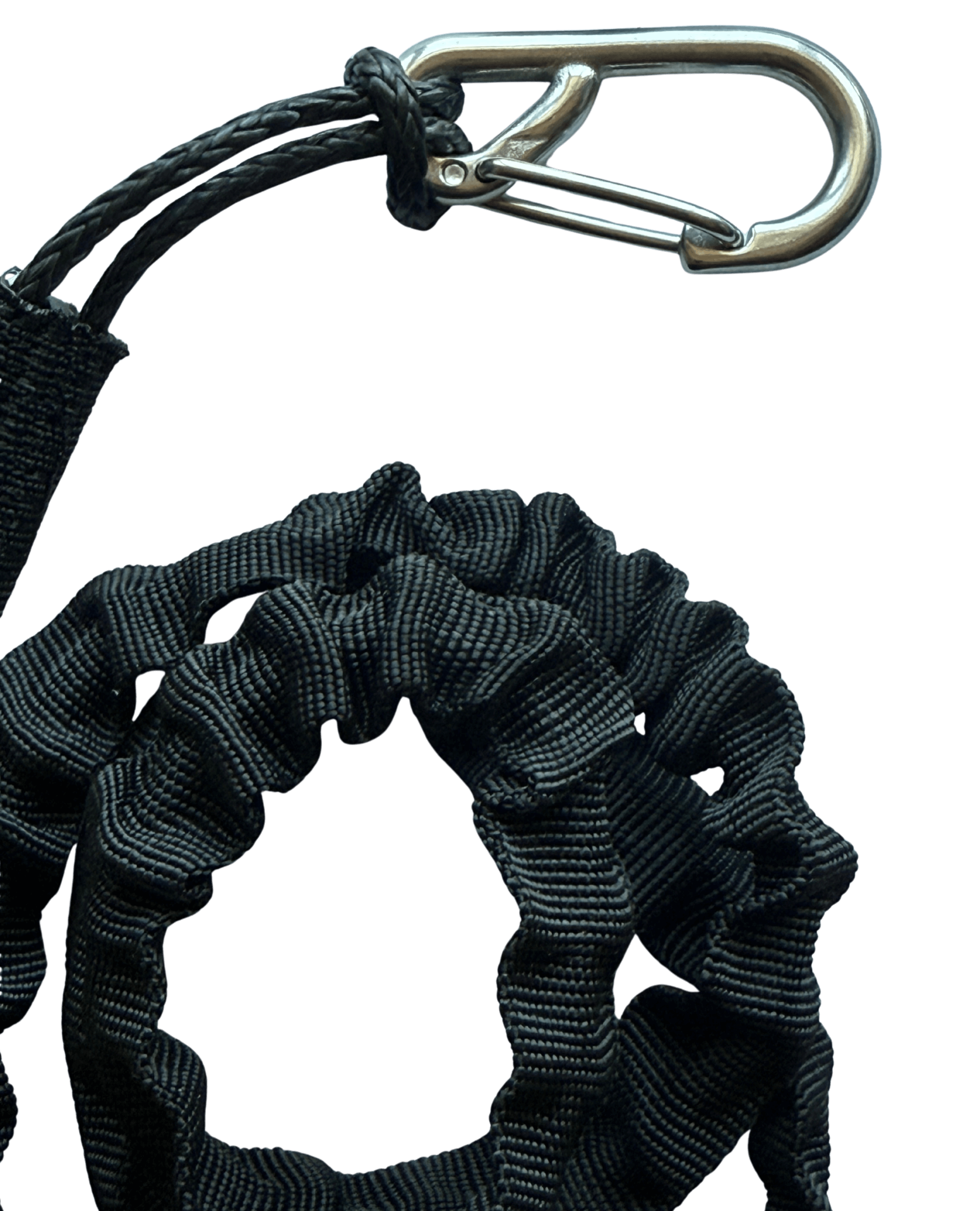 FBC Parawing Board Leash – Tangle-Free Parawing Safety Leash close-up of the attachment clip and coiled design.