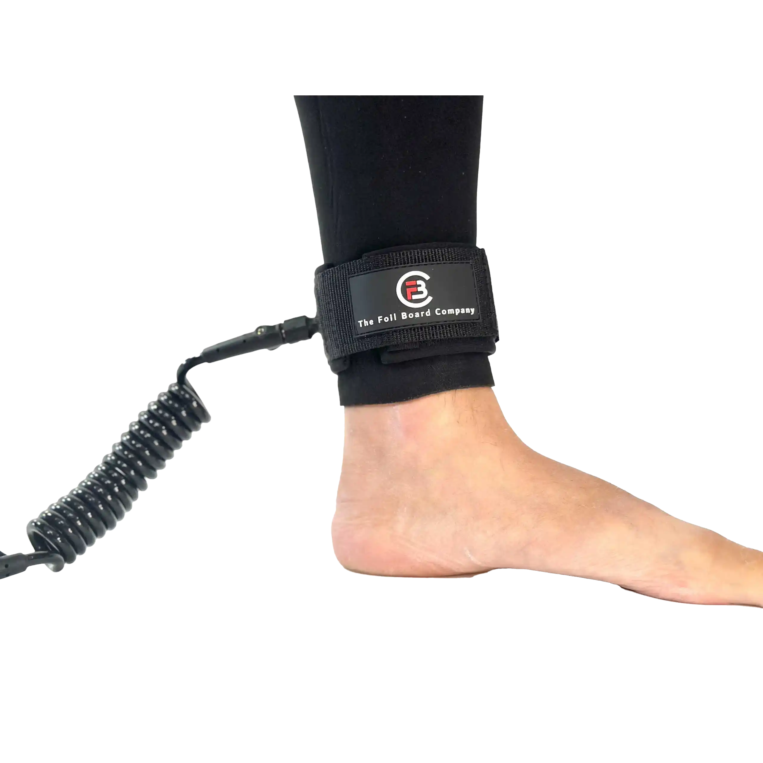 Wingfoil Coiled Ankle Leash attached to a rider's ankle for performance and safety in foiling.