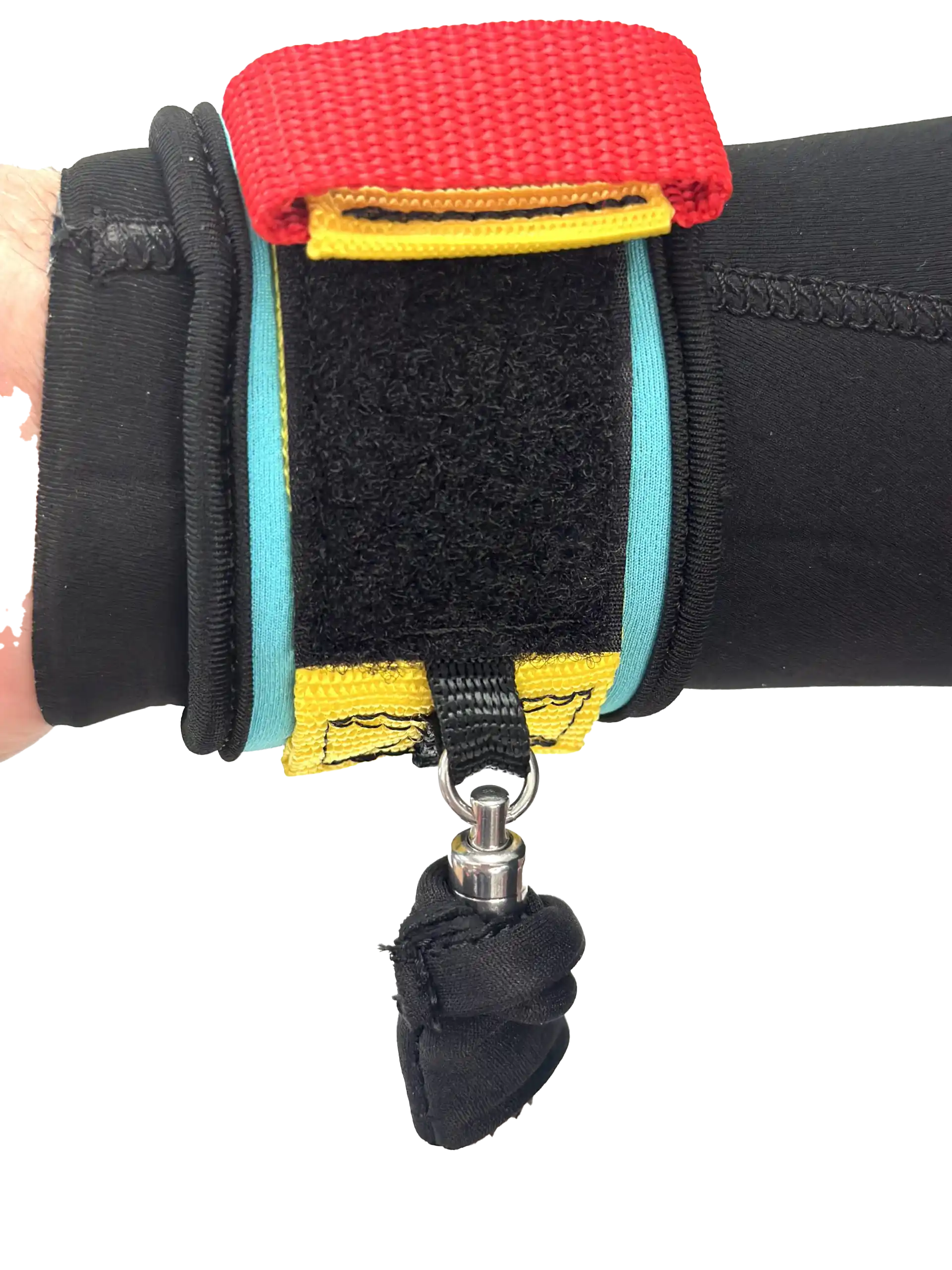 FBC Wingfoil Wrist Leash showing a colorful design with a secure fit on a wrist in a wetsuit.