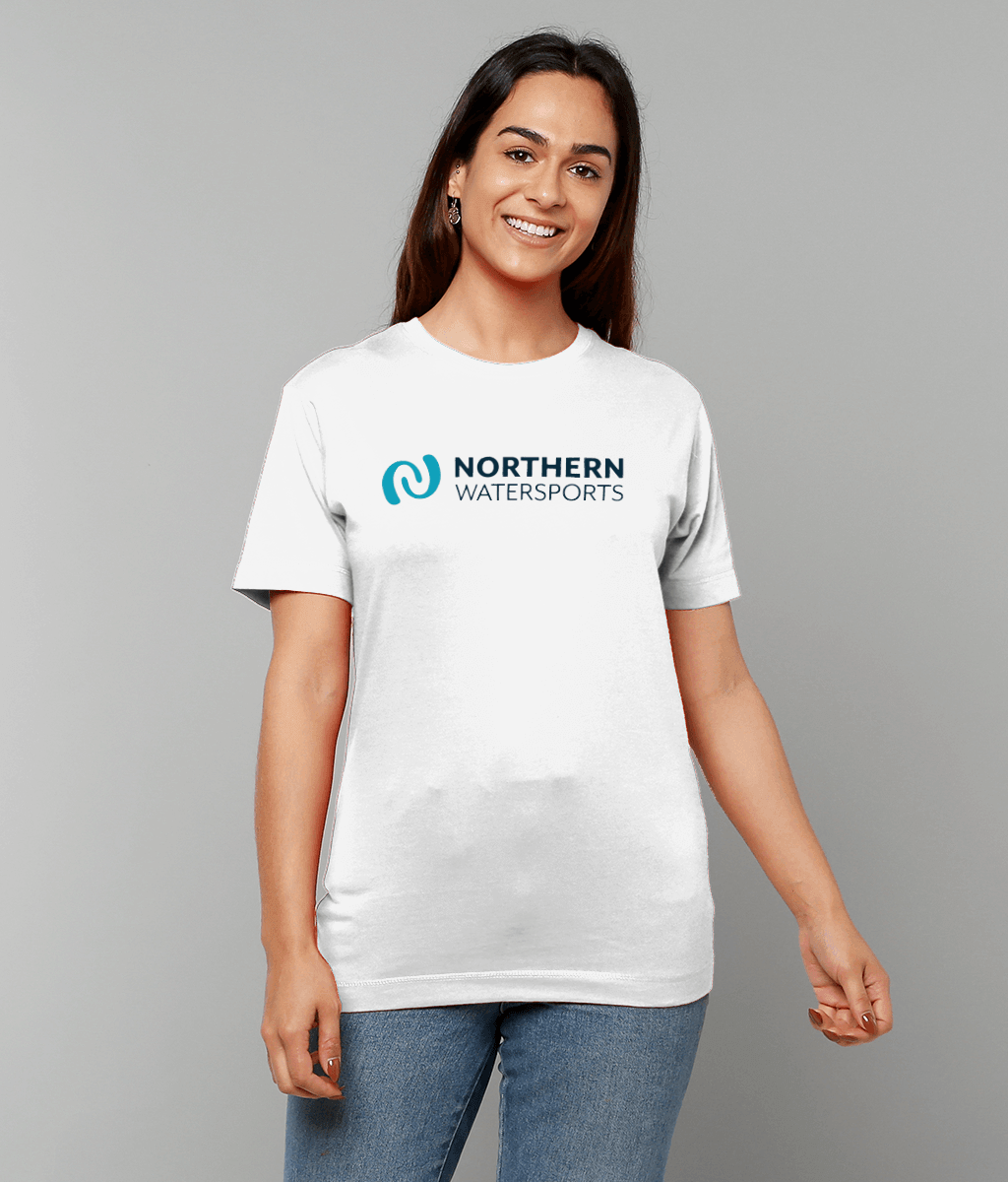 Northern Watersports White Logo Tee | Short Sleeve Cotton T-Shirt model wearing a white logo t-shirt smiling.