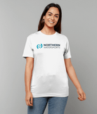 Northern Watersports White Logo Tee | Short Sleeve Cotton T-Shirt model wearing a white logo t-shirt smiling.