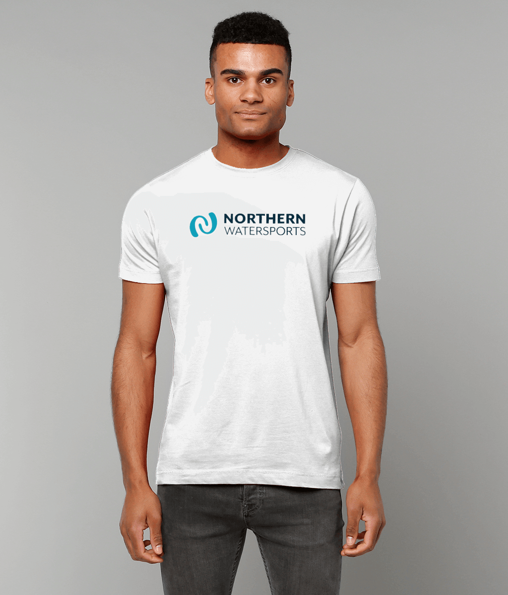 Northern Watersports White Logo Tee | Short Sleeve Cotton T-Shirt worn by a model in a clean, casual setting.