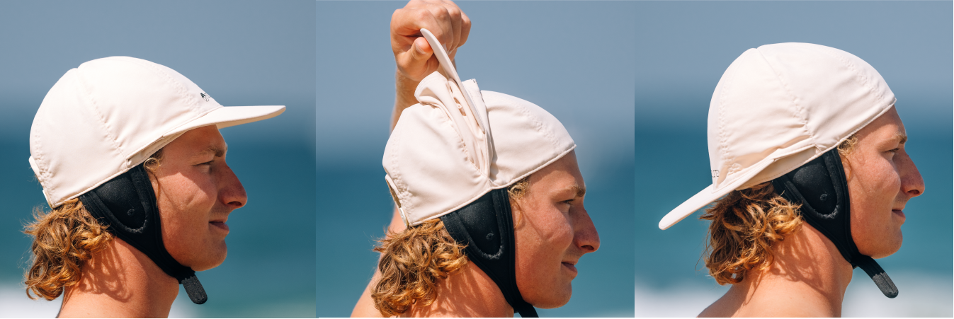 Three images showing a man wearing a Convertible Watersports Hat with adjustable visor for versatility in water sports.