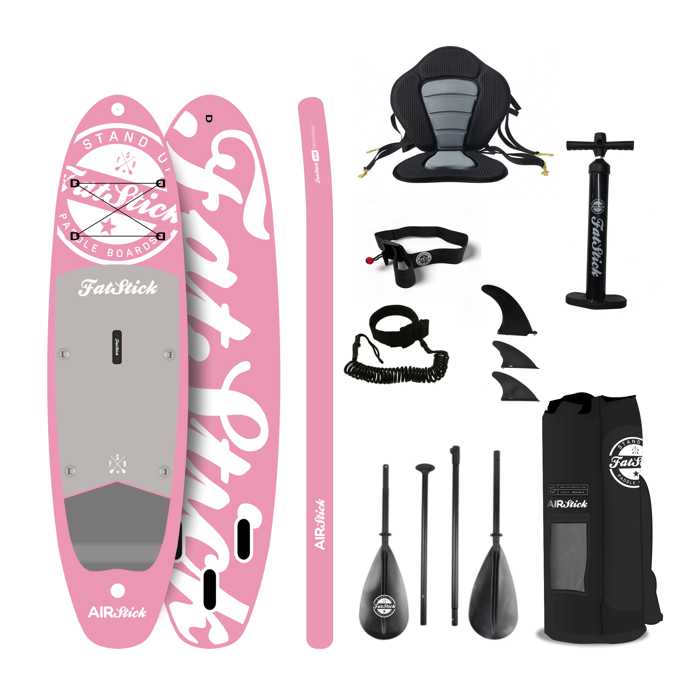 Fatstick AirStick 10'6 Inflatable SUP Package 2026 with paddle, pump, and accessories in pink color.