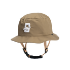 Brown bucket hat with logo, designed for outdoor activities and style.