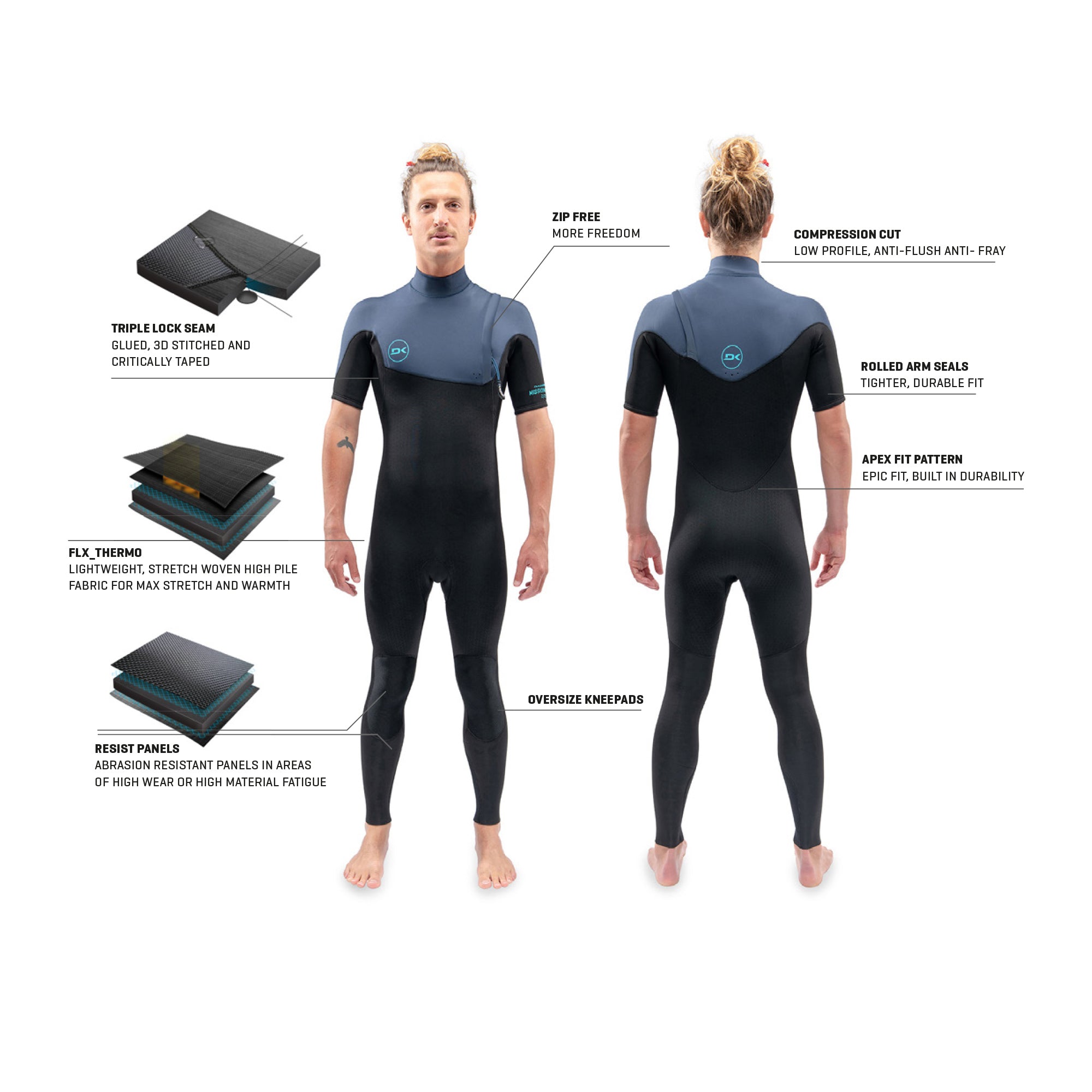 Dakine Mens Mission Zip Free S/S Full Suit 2/2 (Black)