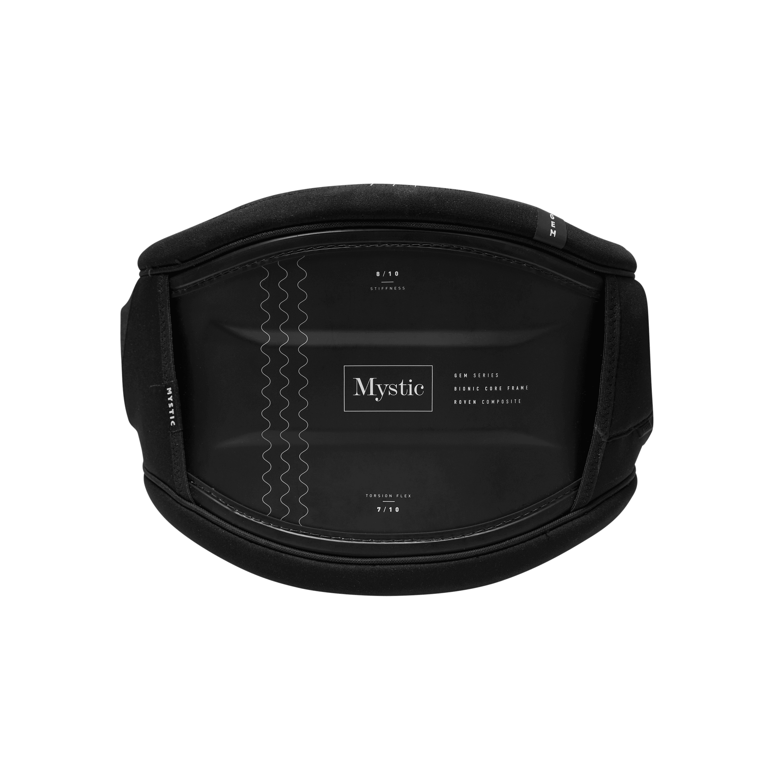 Mystic Gem Women’s Waist Harness – Black – 2026 interior view showing Roven Composite Bionic Core Frame and flex ratings.