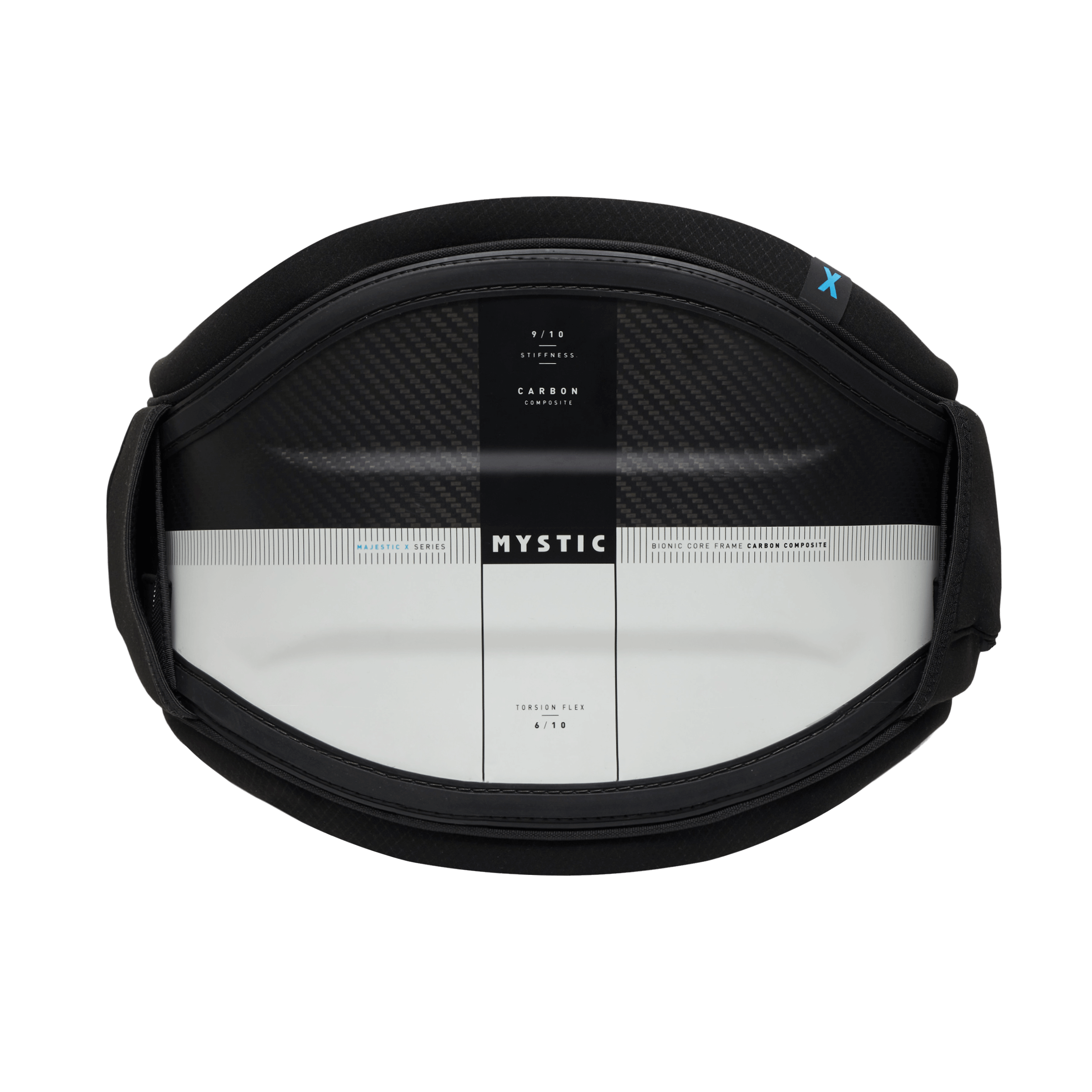 Mystic Majestic X Waist Harness – Carbon Performance 2026 top view showcasing carbon composite design and lightweight profile.