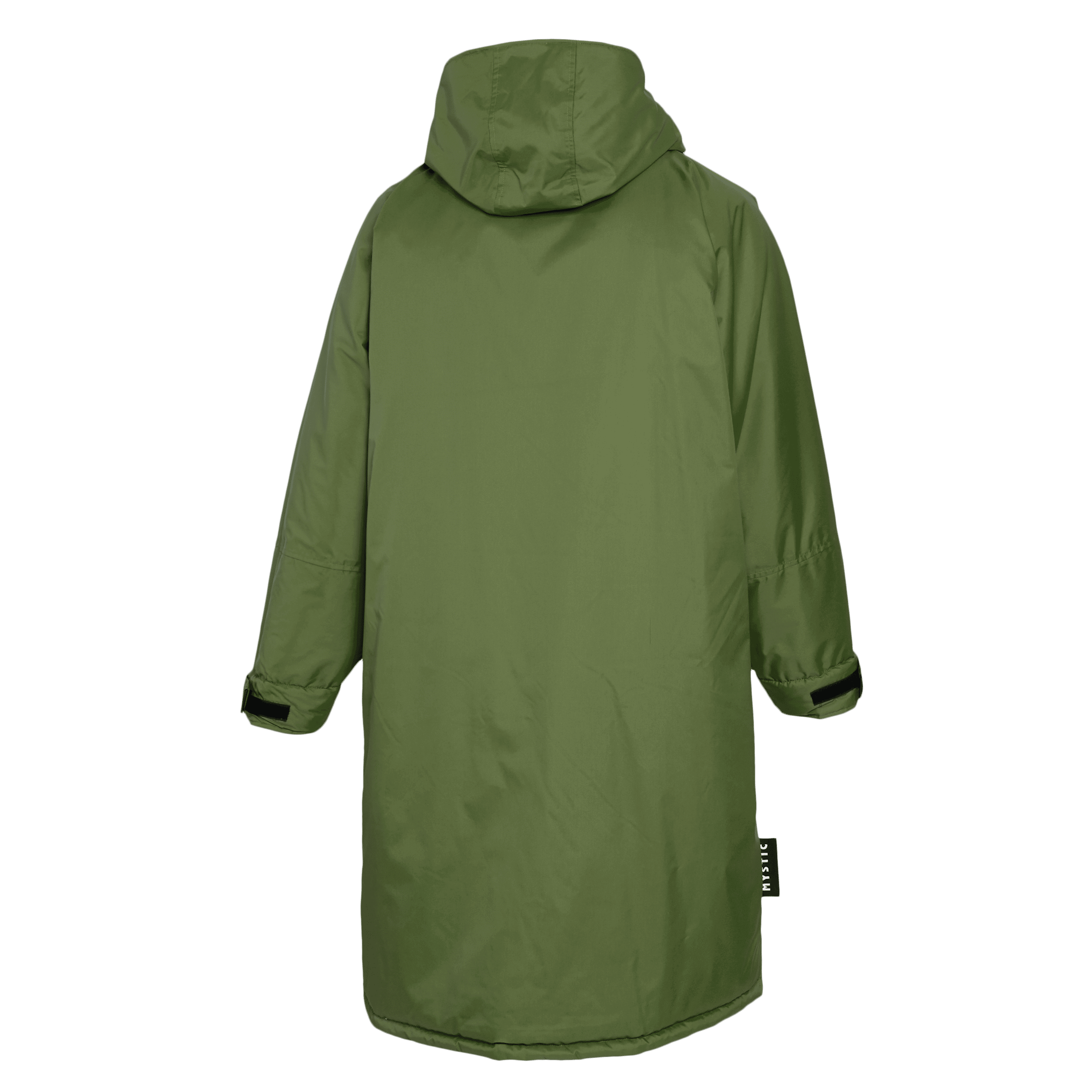 Mystic Poncho Explore – Waterproof Changing Robe 2026 in olive green, back view, showcasing waterproof design and hood.
