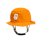 Orange bucket hat with logo, perfect for outdoor activities and sun protection.