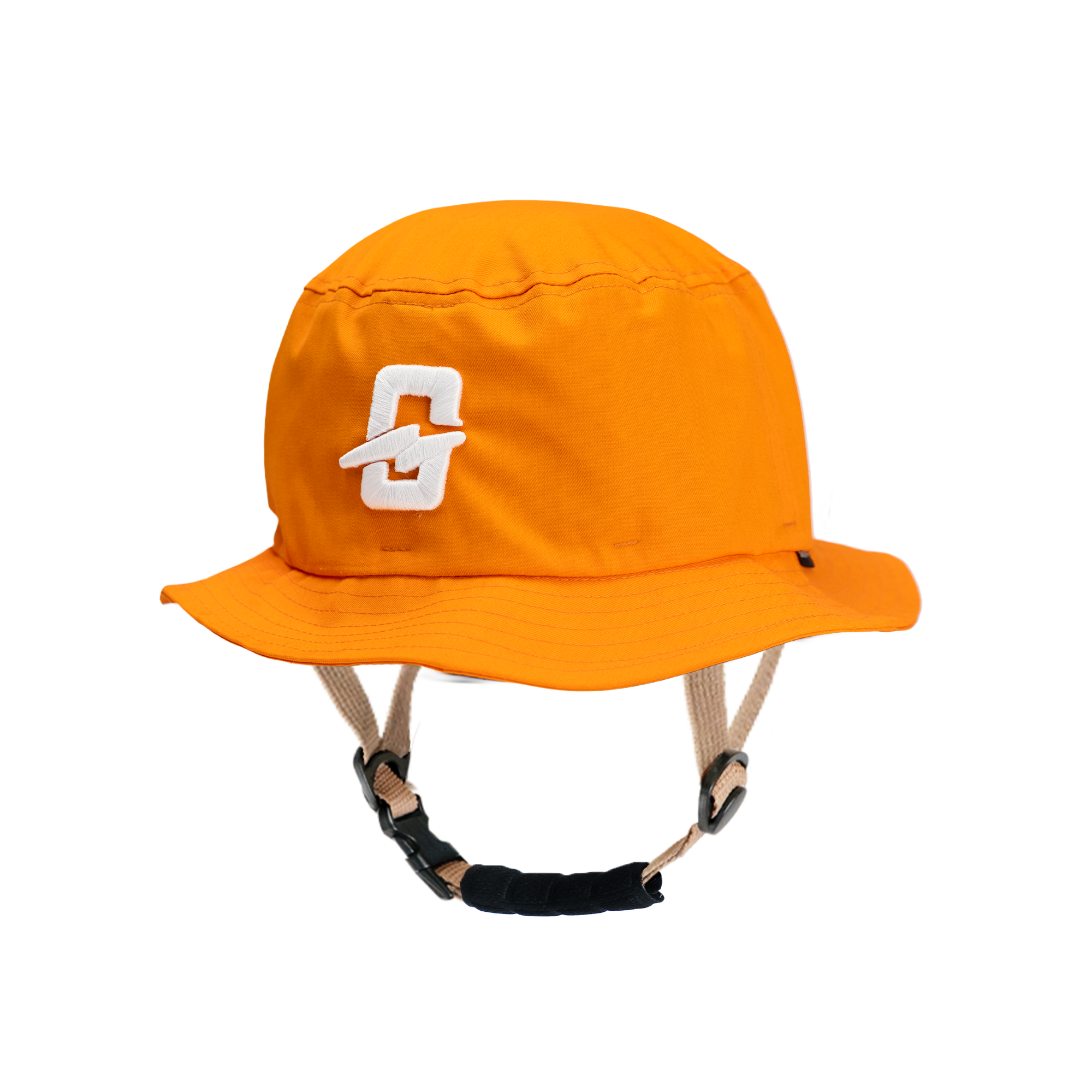 Orange bucket hat with logo, perfect for outdoor activities and sun protection.