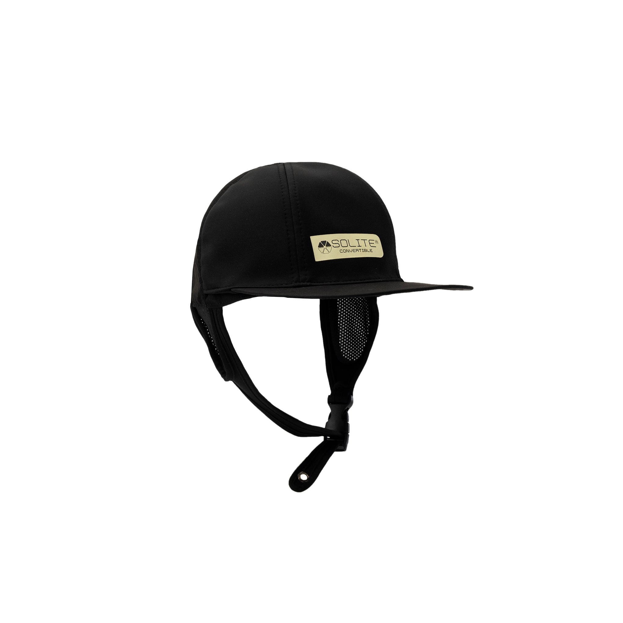 Convertible Watersports Hat in black with a strap and mesh sides for enhanced comfort and performance.