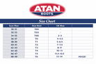 Atan Maddison GECKO Split Toe Boots 3mm | Barefoot Feel Wetsuit Boots size chart showing Euro and UK shoe sizes.