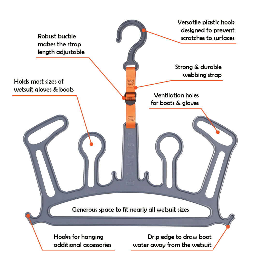 C-Monsta Wetsuit Hanger V2 Grey | Wetsuit, Boots & Gloves Dryer features adjustable strap, ventilation holes, and drip edge.