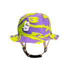 Colorful purple and yellow bucket hat with chin strap and logo for outdoor activities.