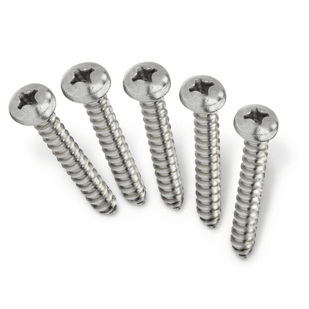 F-One Self Tapping Screw Set for Foilboard V-Strap | Replacement Hardware UK - close-up of five silver screws.