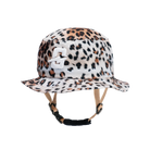 Leopard print bucket hat with adjustable chin strap and logo detail.