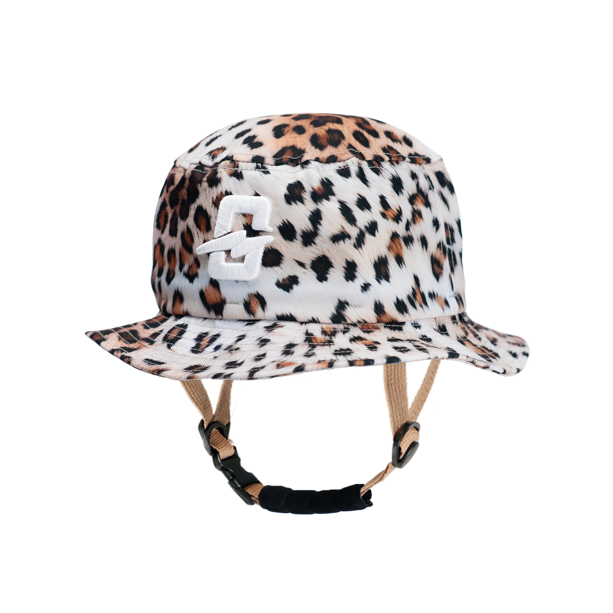 Leopard print bucket hat with adjustable chin strap and logo detail.