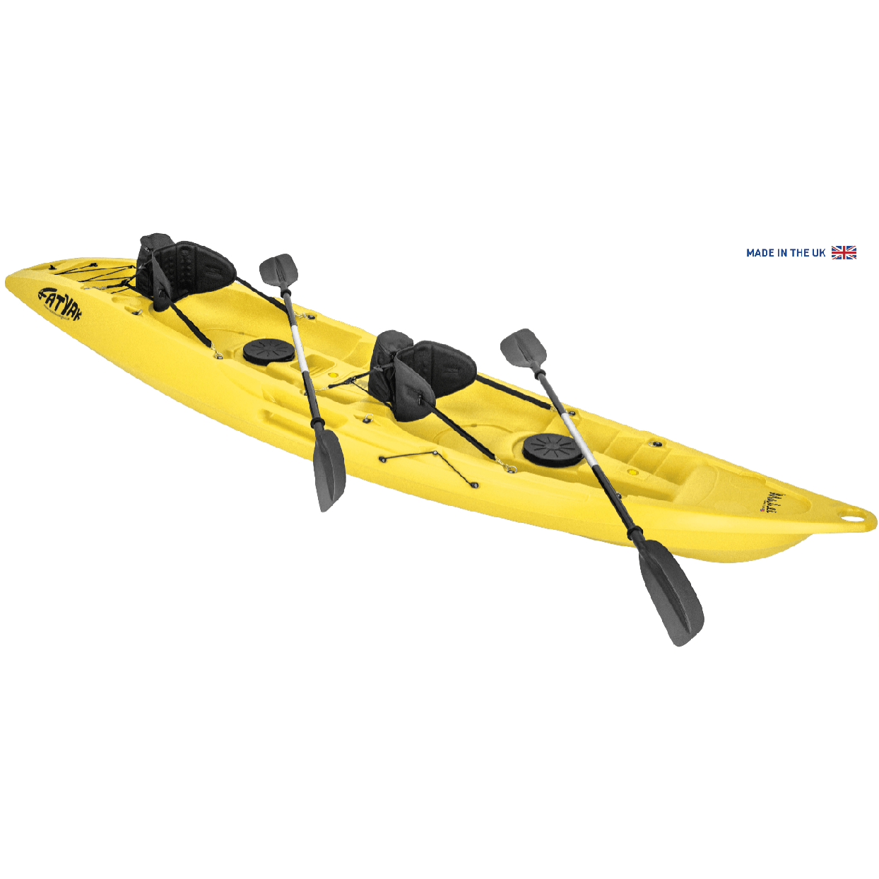 'MAHEE' Double Seater Kayak Yellow Package Deal 🟡 featuring two seats and paddles, ideal for tandem paddling.