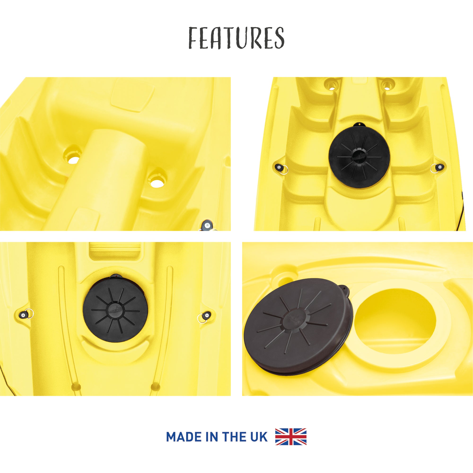 Mahee Tandem Kayak | Plastic Neutral | Yellow | Stable & Durable features close-up, showcasing the durable construction and design.