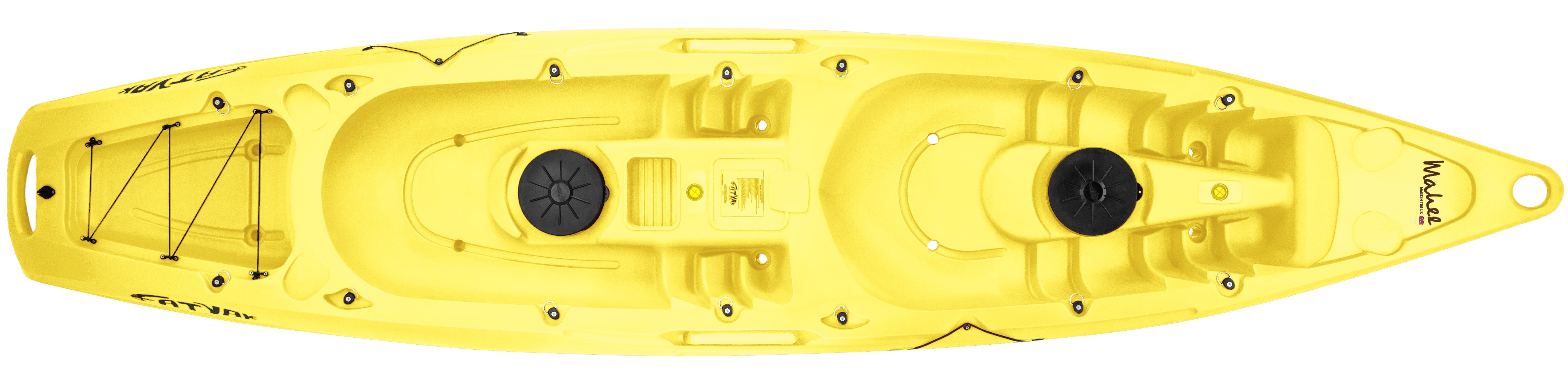 Mahee Tandem Kayak | Plastic Neutral | Yellow | Stable & Durable - top view of the kayak showing seating layout and design features.