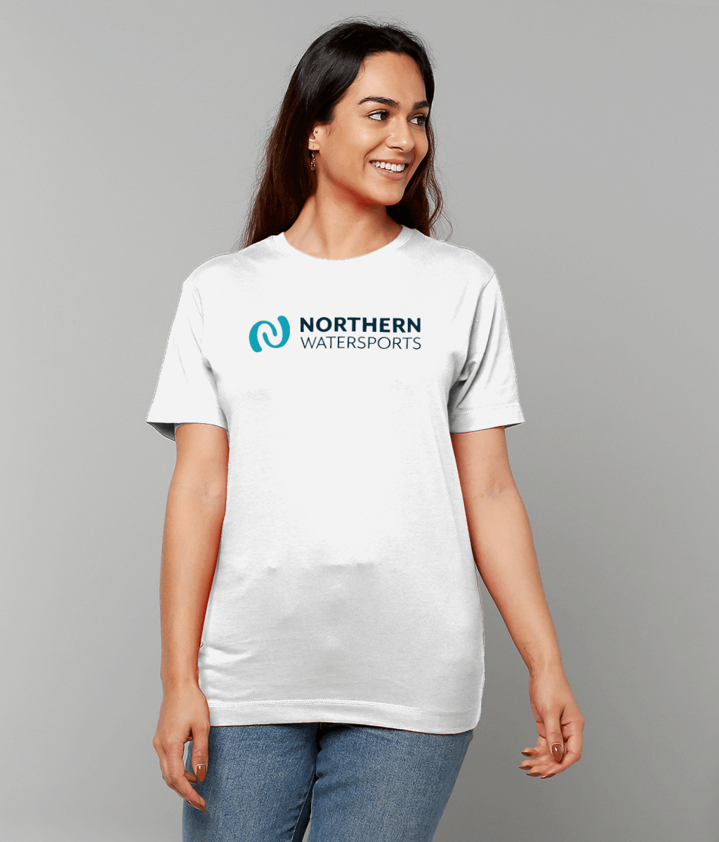 Northern Watersports White Logo Tee | Short Sleeve Cotton T-Shirt worn by a smiling woman.