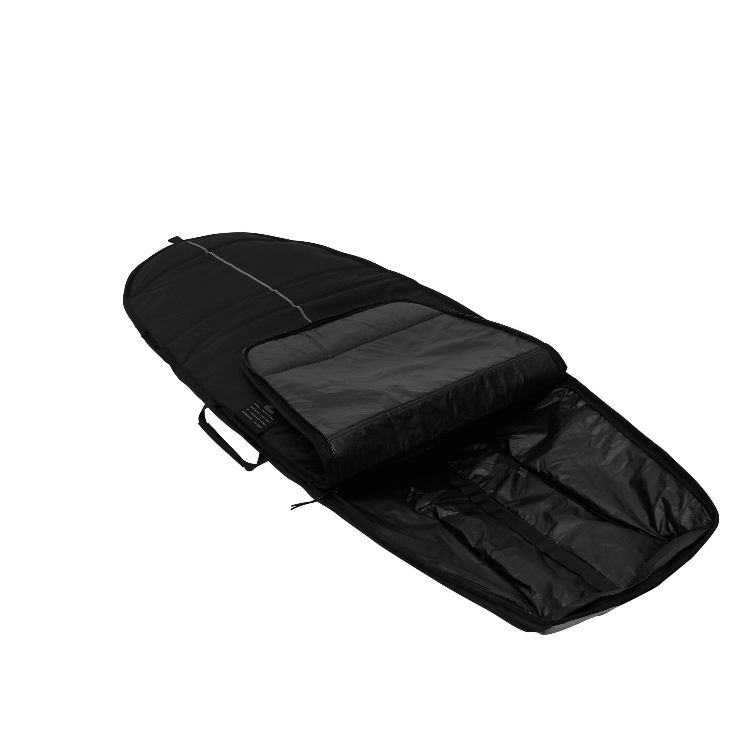 Mystic Patrol Daycover Foilboard - Wingfoil Day Bag - 2026 opened black travel bag with protective padding and compartments