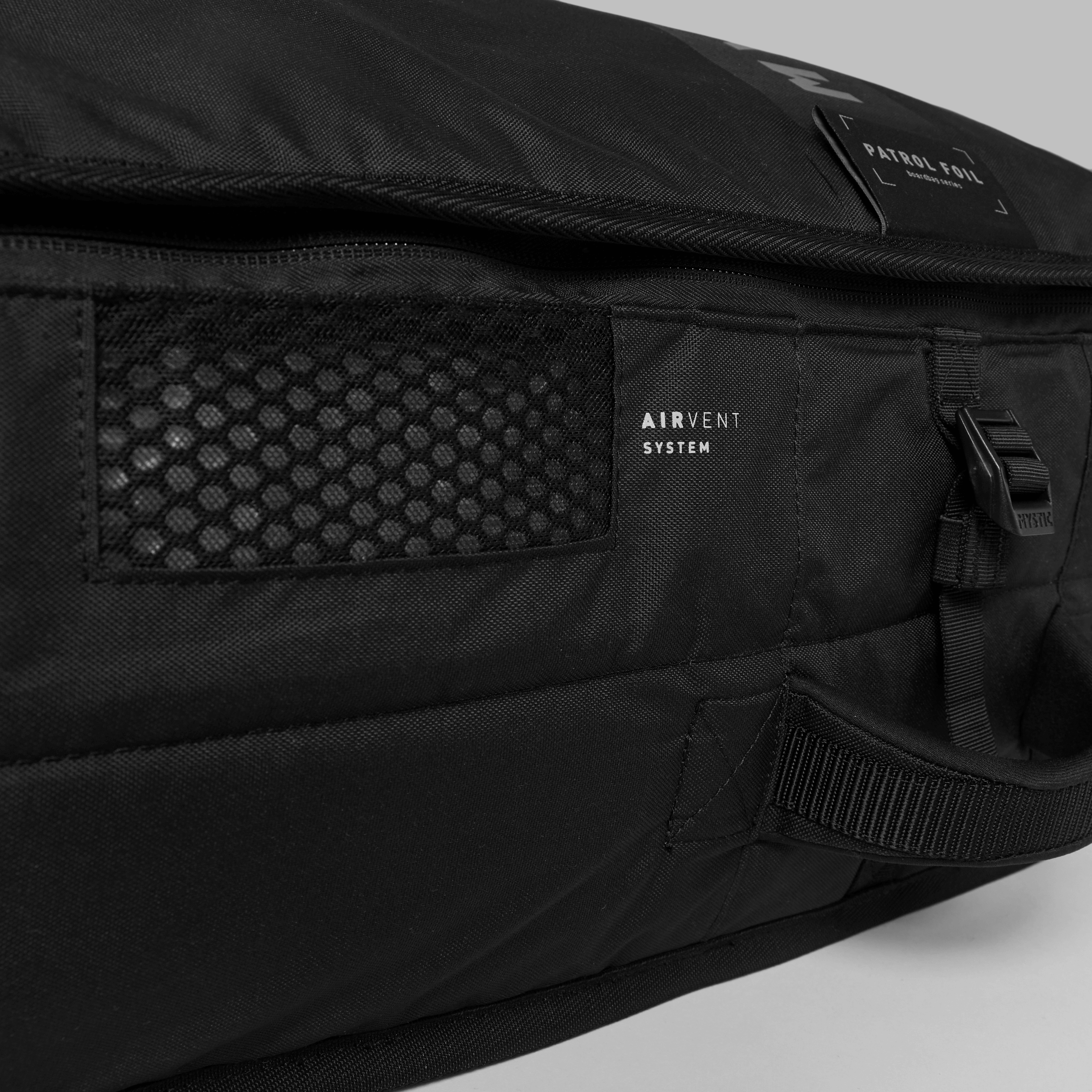 Mystic PATROL Wingfoil Travel Bag showing close-up of the AIRVENT system and durable fabric design.