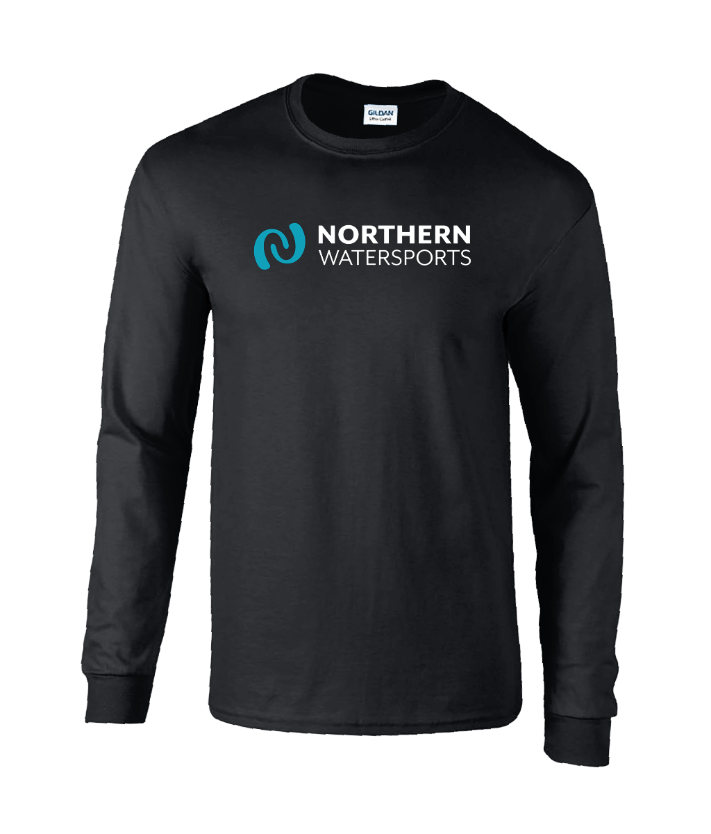 Northern Watersports Black Logo Tee – Long Sleeve on display, showcasing its clean design and heavyweight comfort.