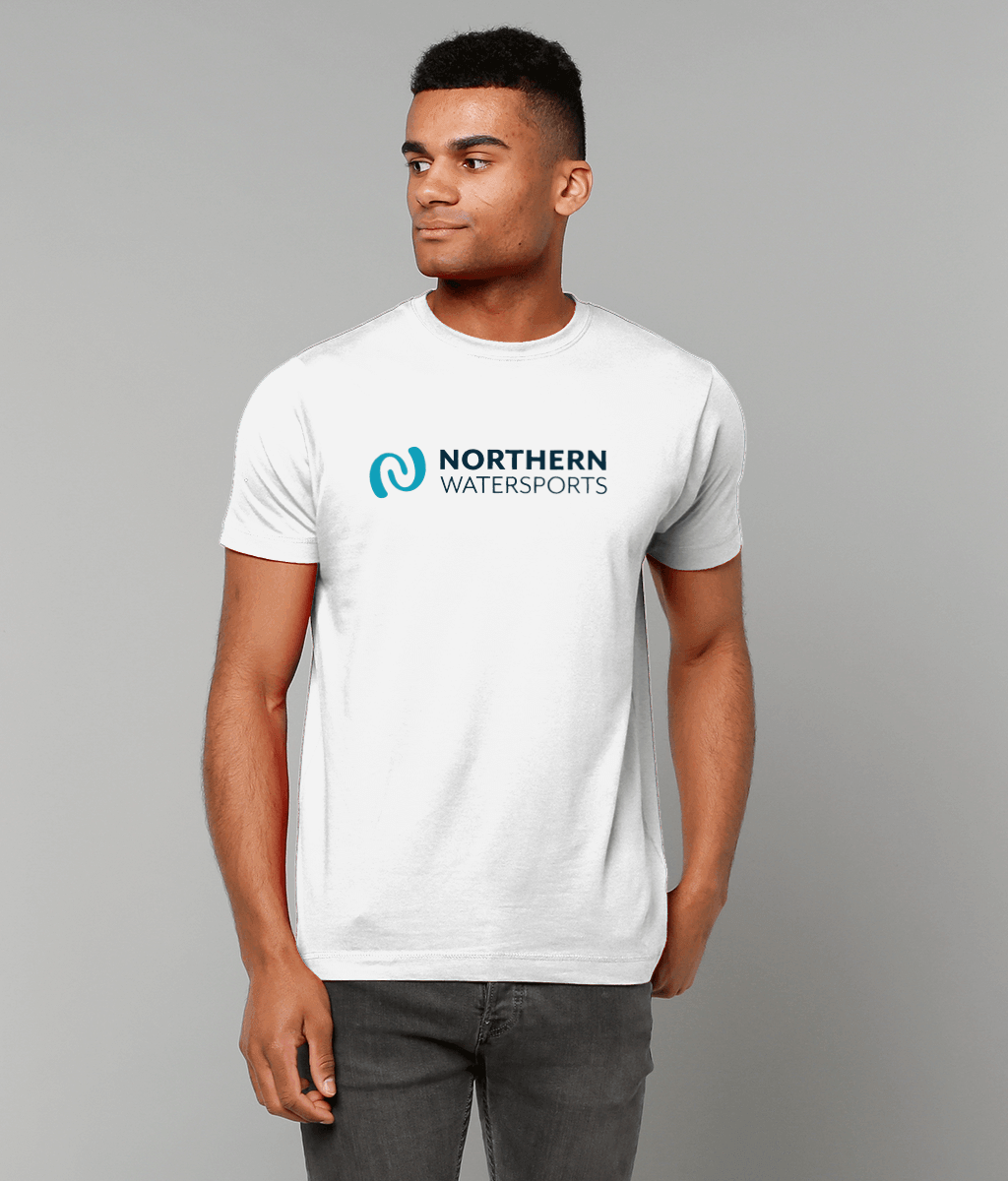 Northern Watersports White Logo Tee | Short Sleeve Cotton T-Shirt worn by a man, showcasing comfort and style.