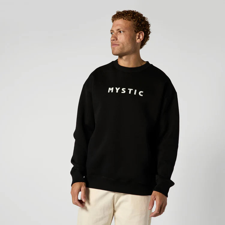 Mystic Brand Crew Sweat | Casual Crewneck Sweatshirt, model wearing black crew sweatshirt, stylish everyday wear.