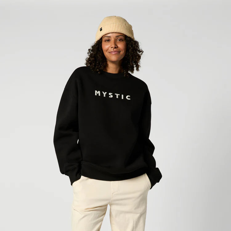 Mystic Brand Crew Sweat | Casual Crewneck Sweatshirt modeled by a woman wearing a beige beanie.
