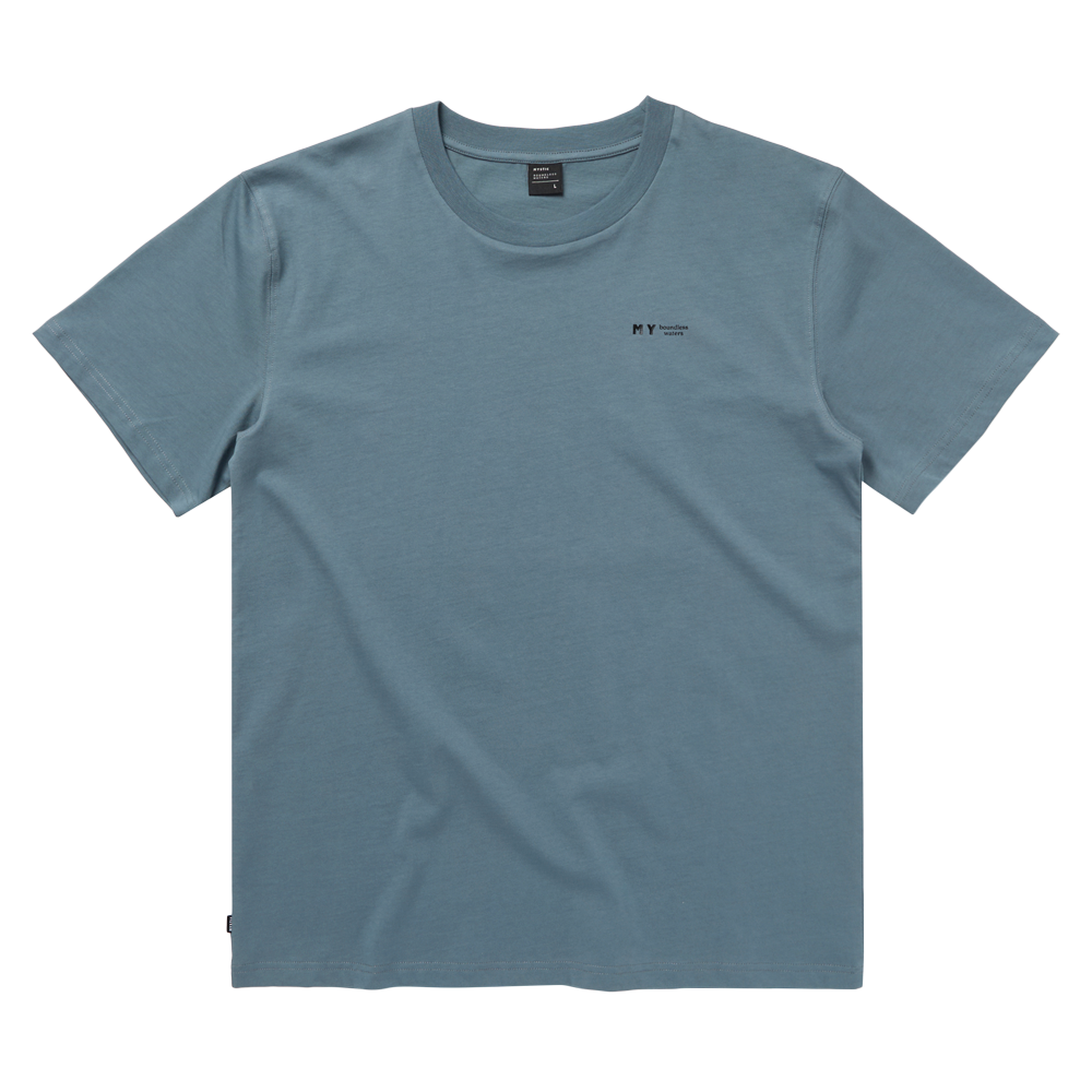 Mystic Center Tee Tidal Blue front on model