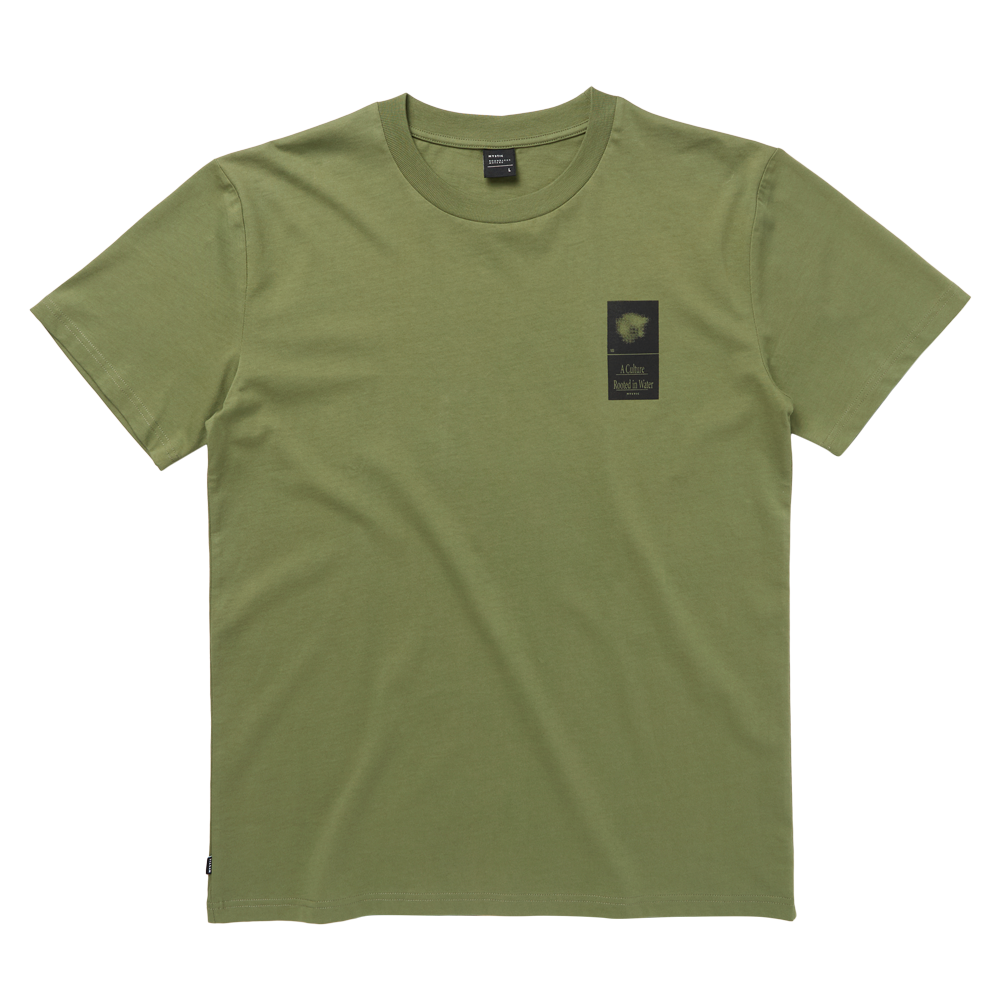 Mystic Pansy Tee Olive Green front on model