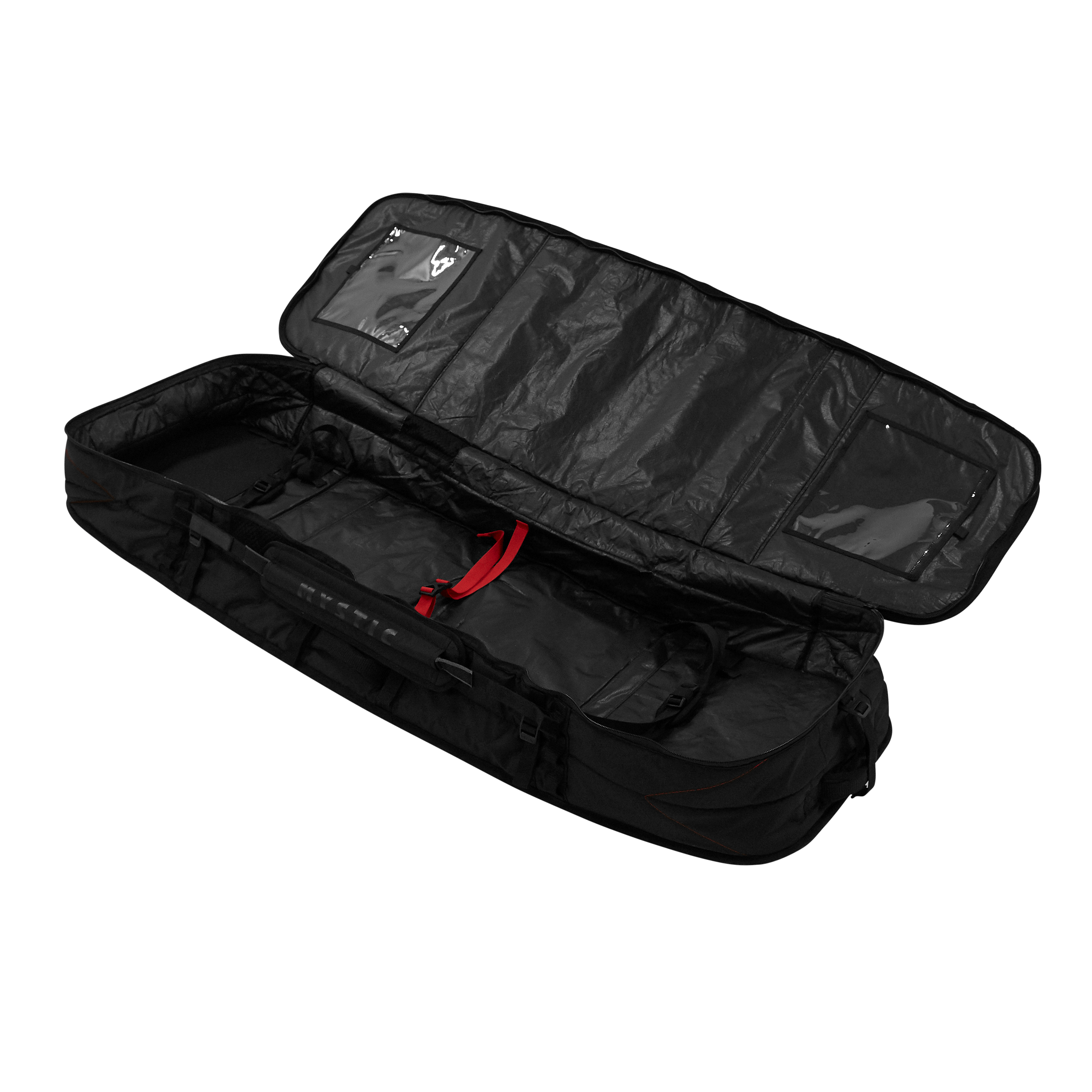Saga Boardbag - Black - 2026 open view with water repellent fabric and air vent features.