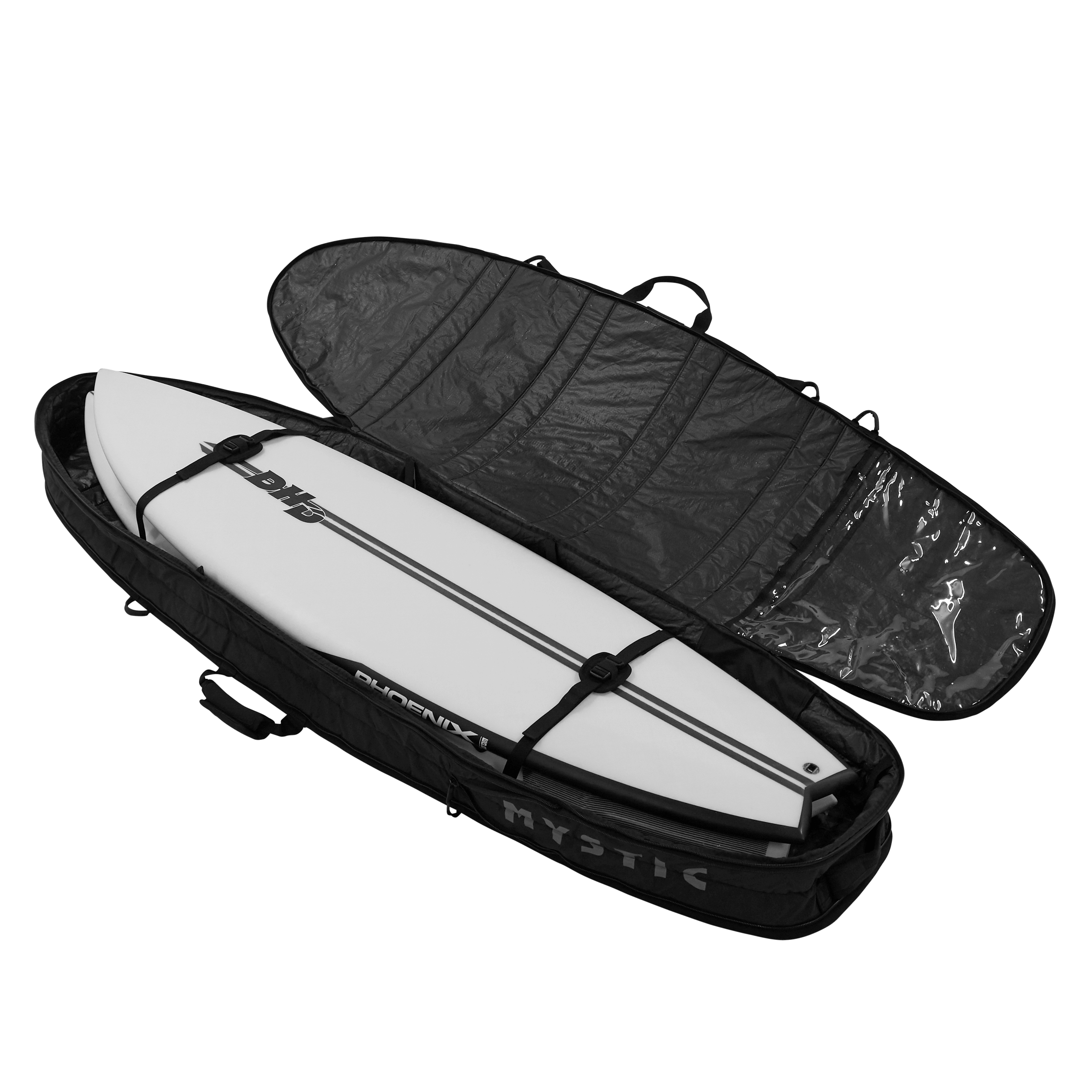 Saga Surf Boardbag - Black - 2026 with a surfboard inside, featuring water-repellent fabric and comfort carry handles.