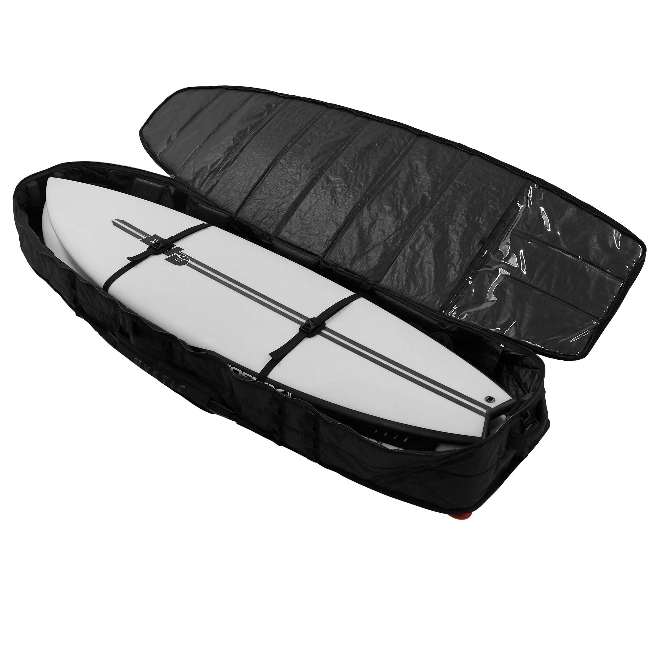 Saga Surf XL Boardbag - Black - 2026 with a surfboard inside, showcasing its durable water repellent fabric.