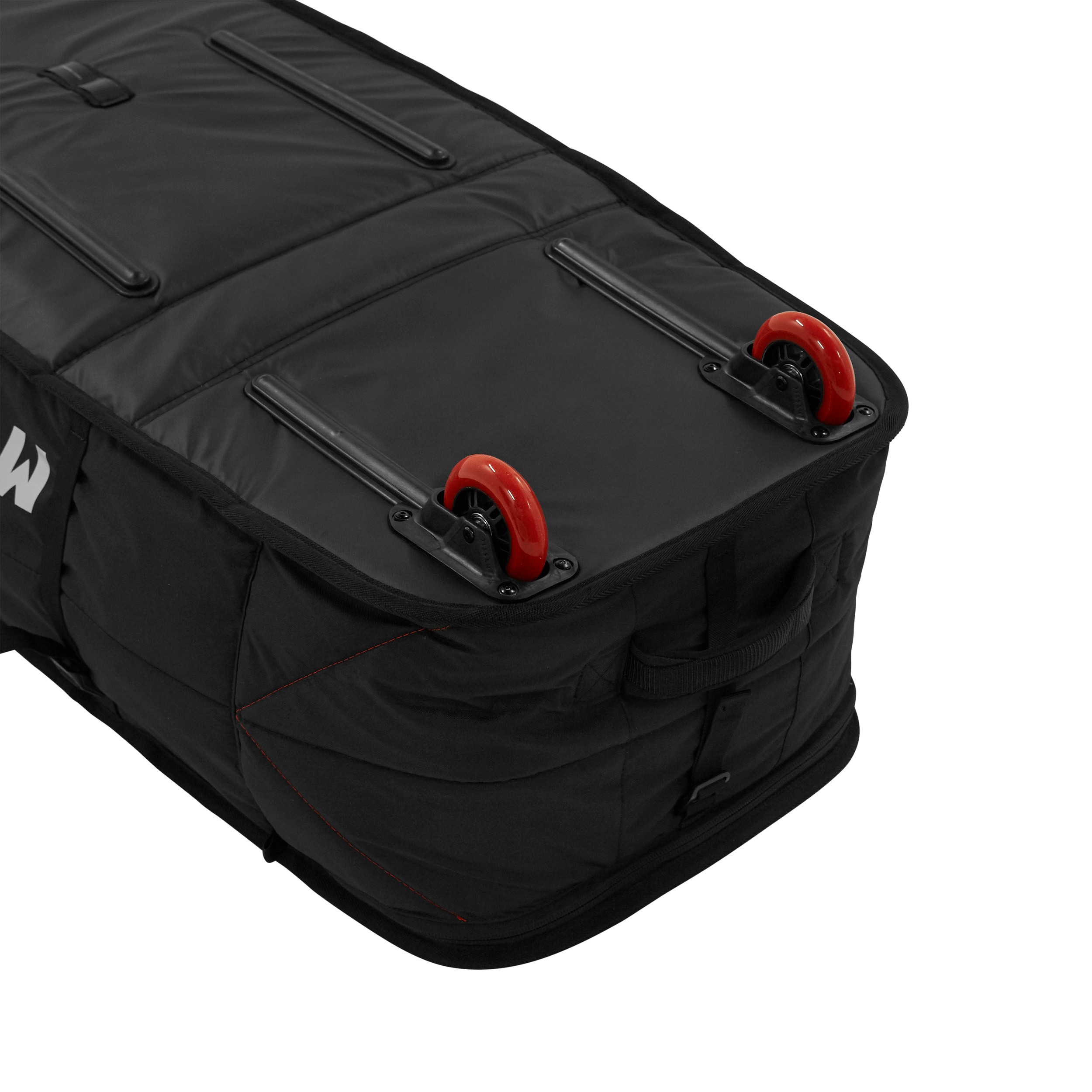 Saga XL Boardbag - Black - 2026 close-up view of black water repellent fabric with red handles.